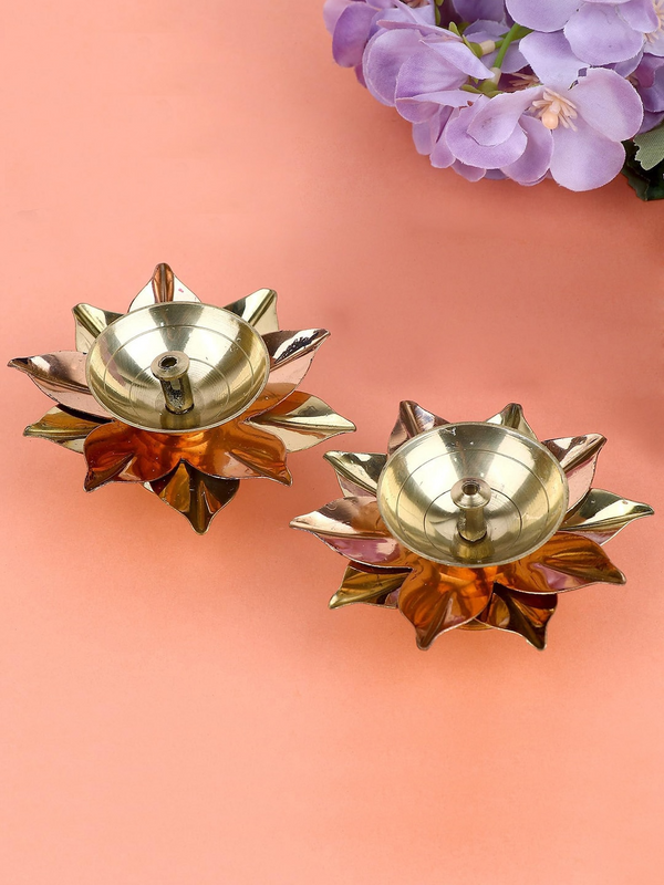 Gold Toned 2 Pieces Antique Lotus Akhand Brass Diyas