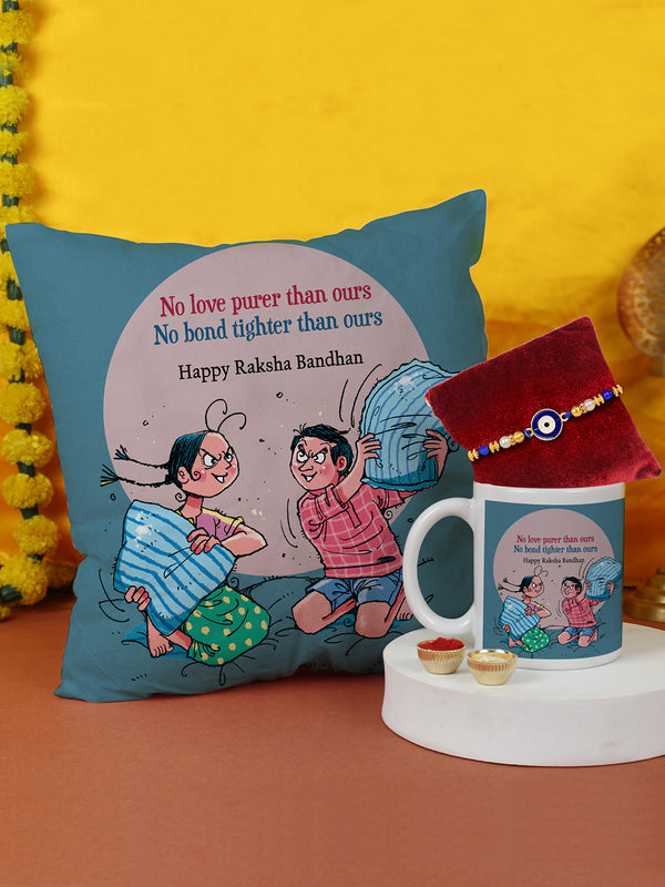 Rakshabandhan Gifts for Brother Cushion 12"x12" with Filler, Mug, Evil Eye Rakhi