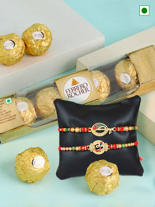 Rakshabandhan Set of 2 Rakhi | Ferrero Rocher Chocolate (4 Pcs) | Card & Roli Chawal