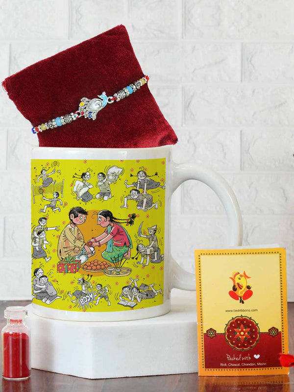 Designer Pearl Rakhi with Mug for Brother and Roli Chawal Pack