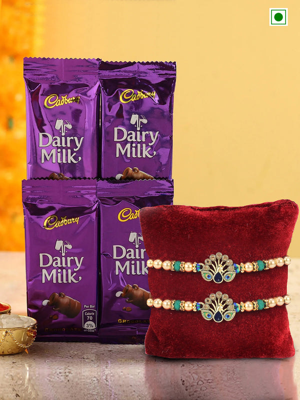 Pack of 2 Peacock Rakhi , Dairy Milk Chocolate, Wishes Card & Roli Chawal Tika Pack