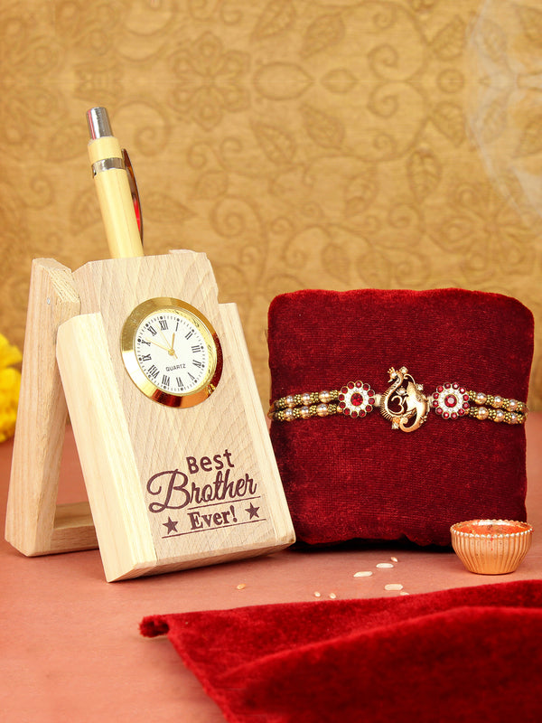 Rakhi Gift Wooden Pen Stand with Pen and Rakshabandhan Card, Roli Tika