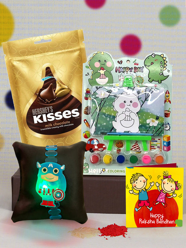 Rakhi for Kids with Gift - Kids Rakhi with Hersheys Kisses Chocolates Pack with Coloring Board Gift Set