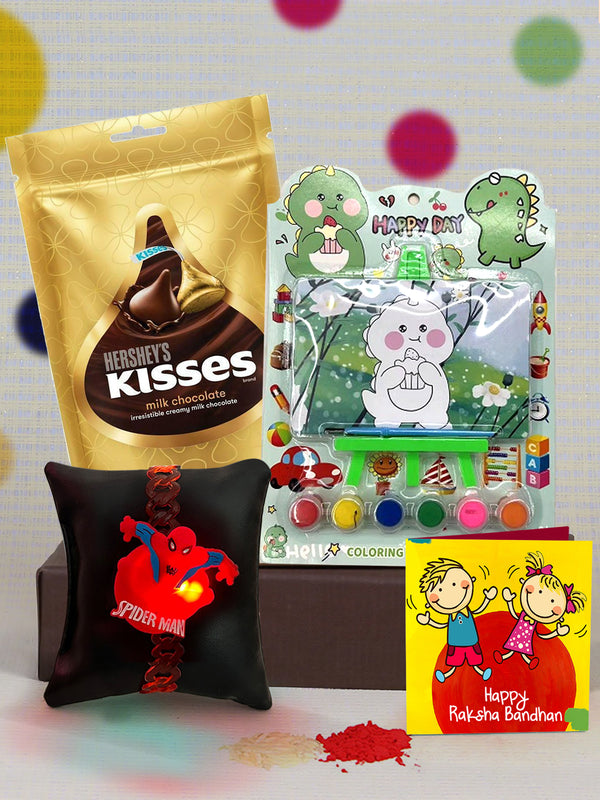 Rakhi for Kids with Gift - Kids Rakhi with Hersheys Kisses Chocolates Pack with Coloring Board Gift Set