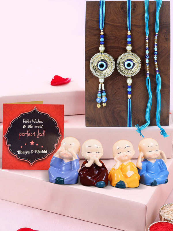 Family Rakhi Combo with Buddha Monk Statue Set of 4 and Greeting Card, Roli Tika