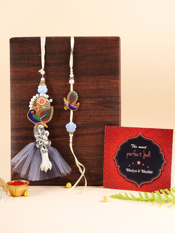 Premium Rakhi for Bhaiya-Bhabhi with Greeting Card, Roli Chawal 1 Tika