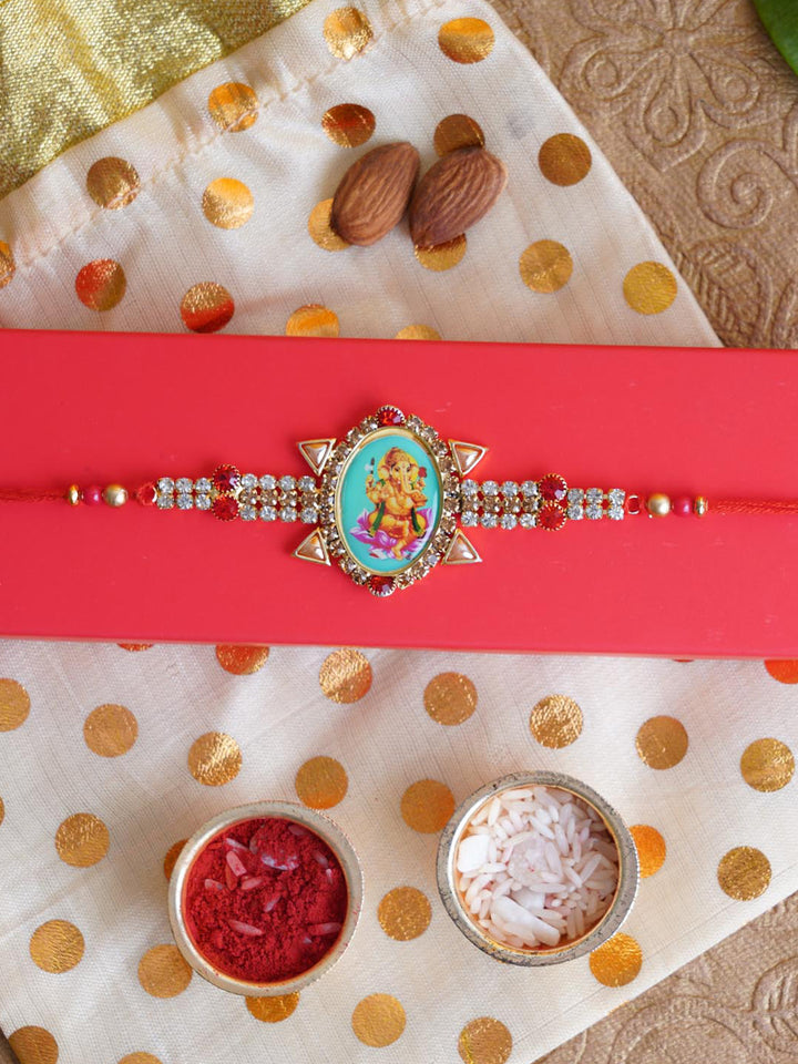 Multicolor Ganesha Diamond Rakhi | Rakhi Wishes Card & Roli Chawal