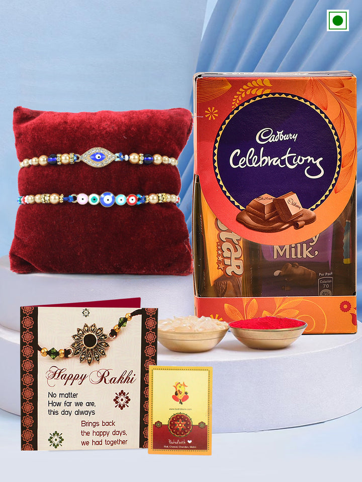 Pack of 2 Evil Eyes Rakhi | Chocolate Box |  Card & Roli Chawal Tika