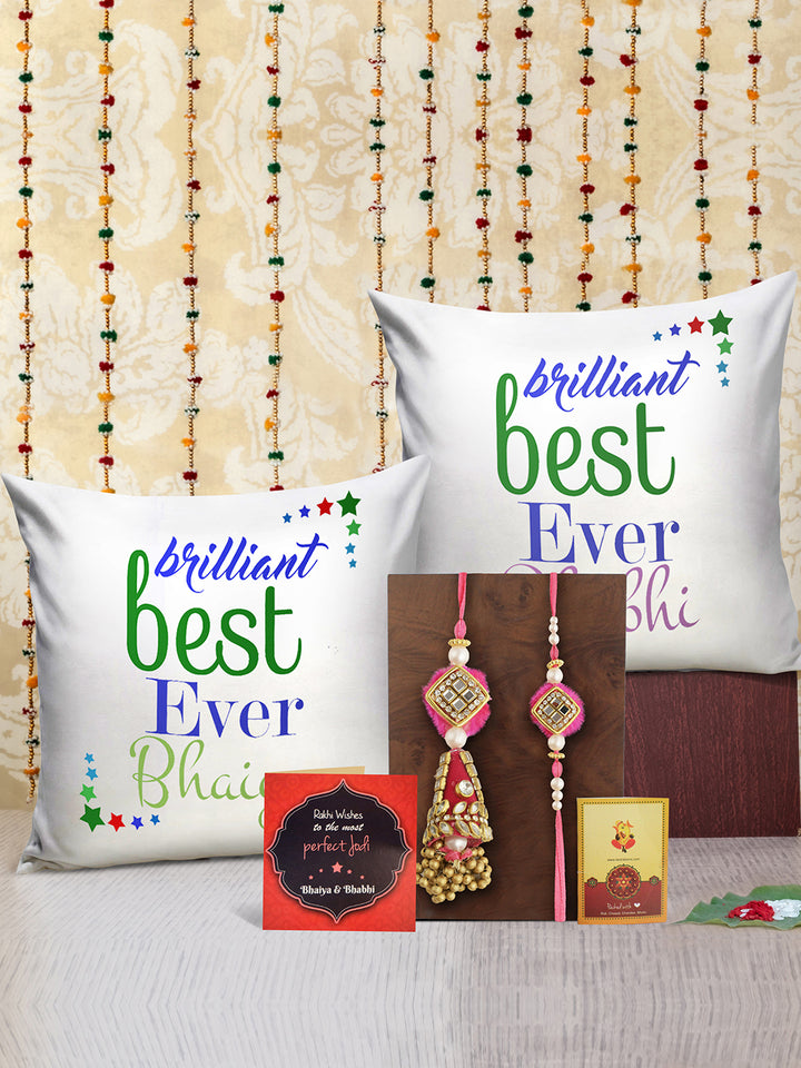 Rakshabandhan Bhaiya Bhabhi Lumba Rakhi with Printed Cushion Combo Gift Set