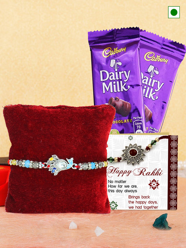 Designer Peacock Rakhi for Brother | Dairy Milk Chocolate | Card & Roli Chawal