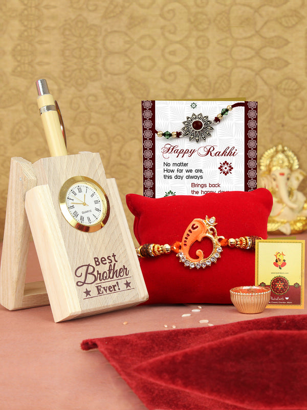 Designer Ganesha Single Rakhi with Pen & Pen Stand | Rakhi Card, Roli Chawal Tika