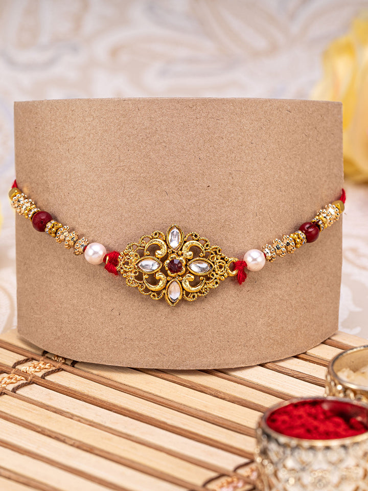 Gold-Stone Rakhi for Brother | Rakhi Card & Roli Chawal Tika