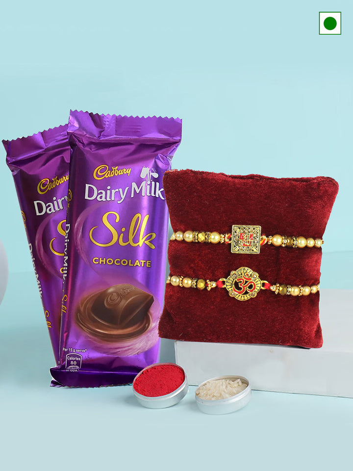 Rakshabandhan Designer Rakhi (Pack of 2) | Dairy Milk Silk Chocolate | Card & Roli Chawal