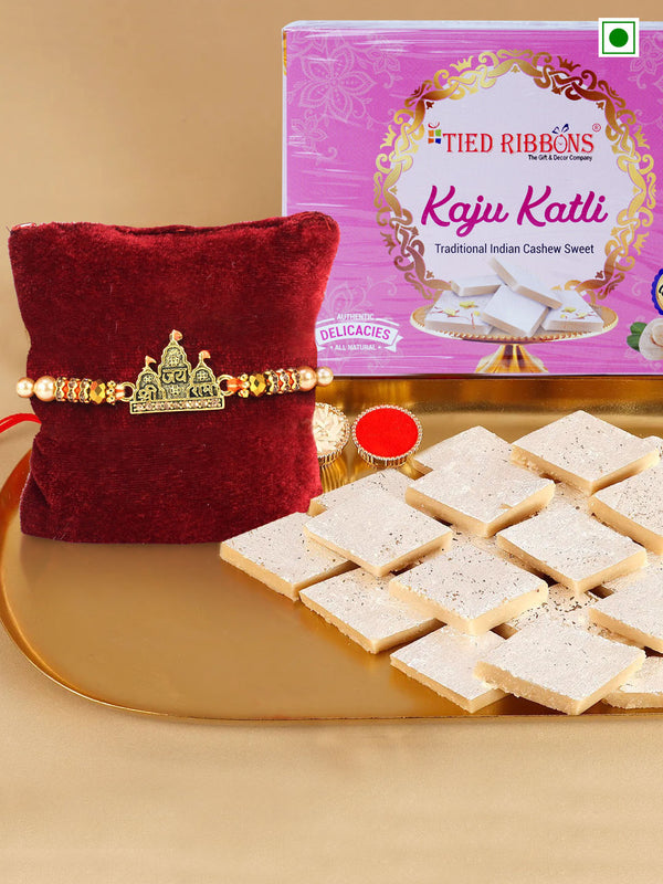 Shri Ram Lalla Rakhi with Kaju Katli | Wishes Card, Roli Chawal Tika