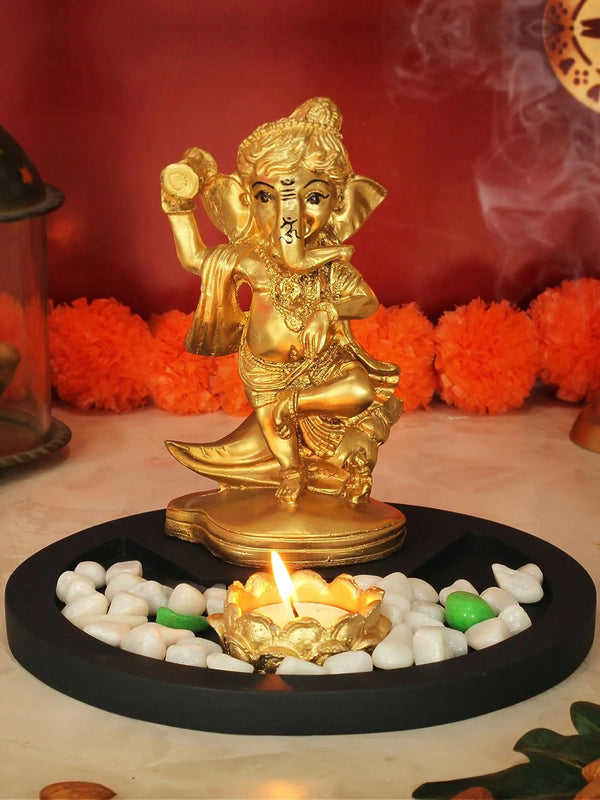 Gold-Toned and Brown Ganesha Idol with Tray and Tealight Candles Showpiece