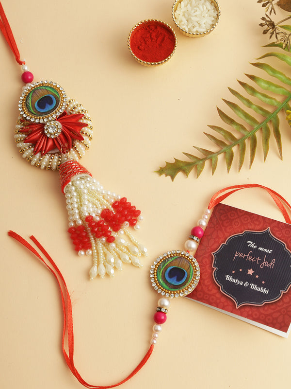 Bhaiya Bhabhi Peacock Rakhi with Card and 1 Roli Chawal