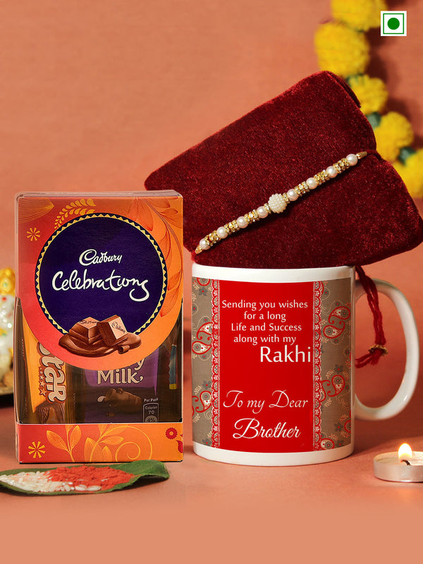 Rakhi With Mug & Cadbury Pack With Greeting Card & Roli Chawal