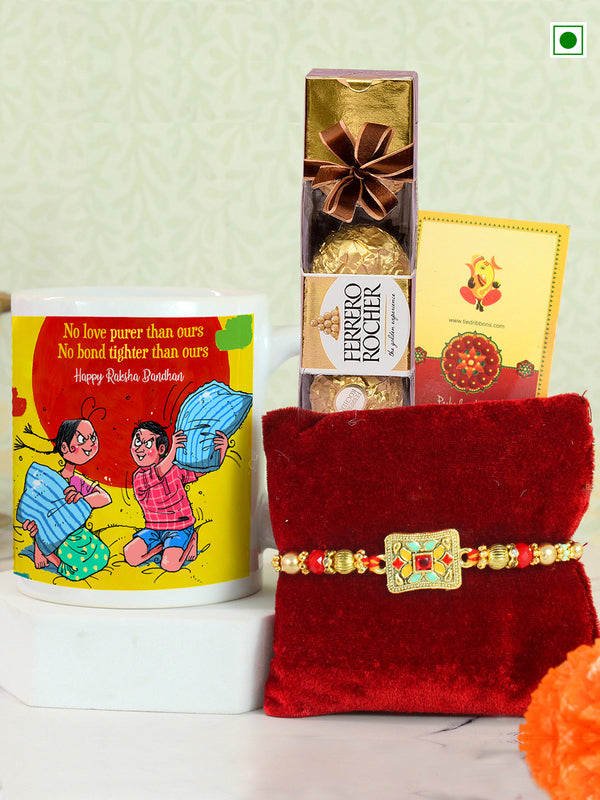 Beaded Rakhi with Chocolate & Mug with Card and Roli Chawal