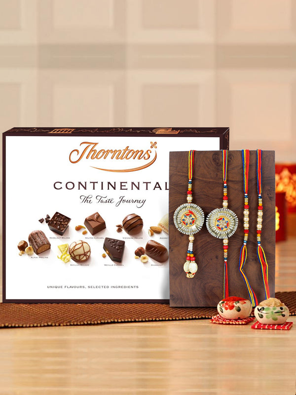 Exquisite Tassel Kundan And Meena Work Family Rakhi With Thorntons Continental Dark Chocolate Gift