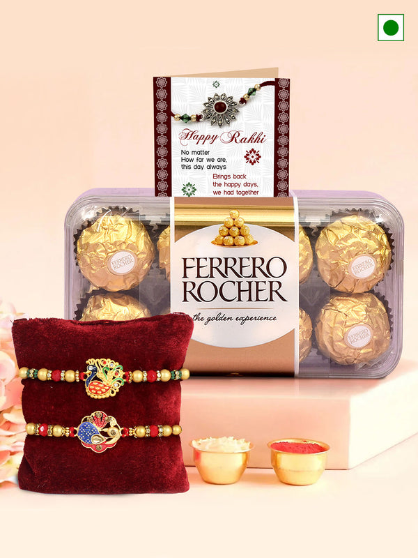 Pack of 2 Designer Rakhi | Ferrero Rocher Chocolate (16 pcs) | Wishes Card & Roli Chawal