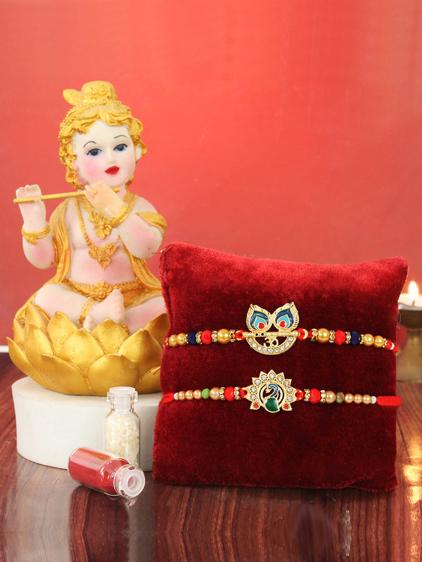 Set of 2 Designer Krishna Rakhi for Brother with Krishna Statue Combo Gift Set