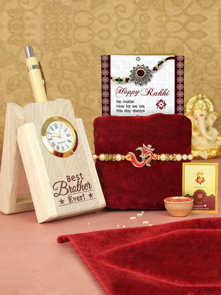 Premium Om Rakhi for Brother with Gift Wooden Pen Stand with Pen and Mini Card