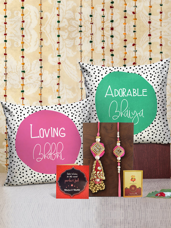 Bhaiya Bhabhi Rakhi Set With Set of 2 Printed Cushion Gift | Card and Roli Chawal Tika