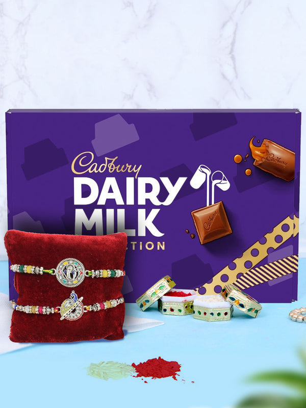 Special Vibrant Ganesha & Peacock Rakhi With Cadbury Dairy Milk Deluxe Chocolate Hamper