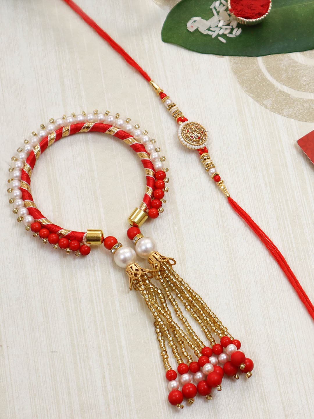 Buy | Red Bhaiya Bhabhi Lumba Bangle Rakhi Set with Card | Tied Ribbons