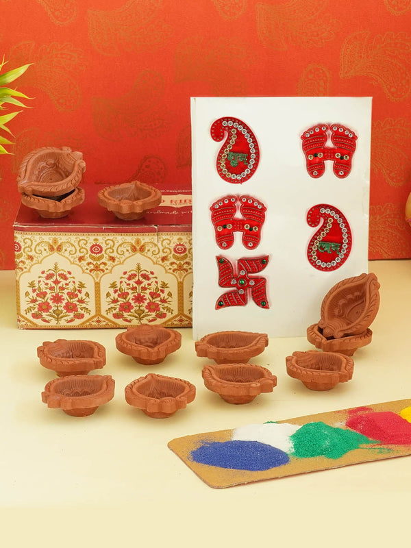 Terracotta Diya Set, Rangoli Colors and Stickers