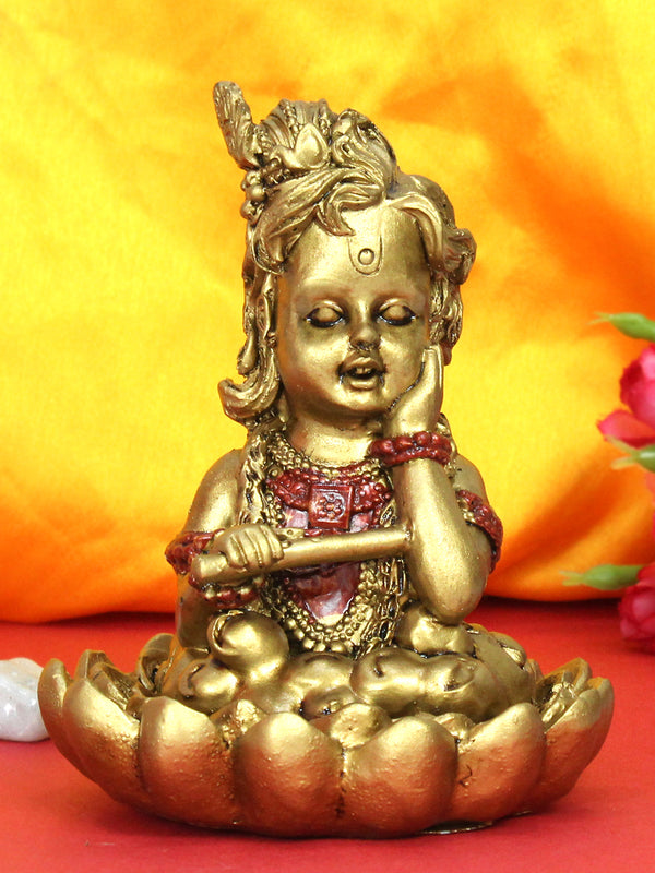 Baby Krishna Murti Standing on Lotus Playing Resin Idol