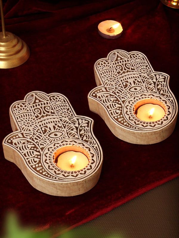 Brown & White 2 Pieces Wooden Palm Shaped T-Light Candle Holders