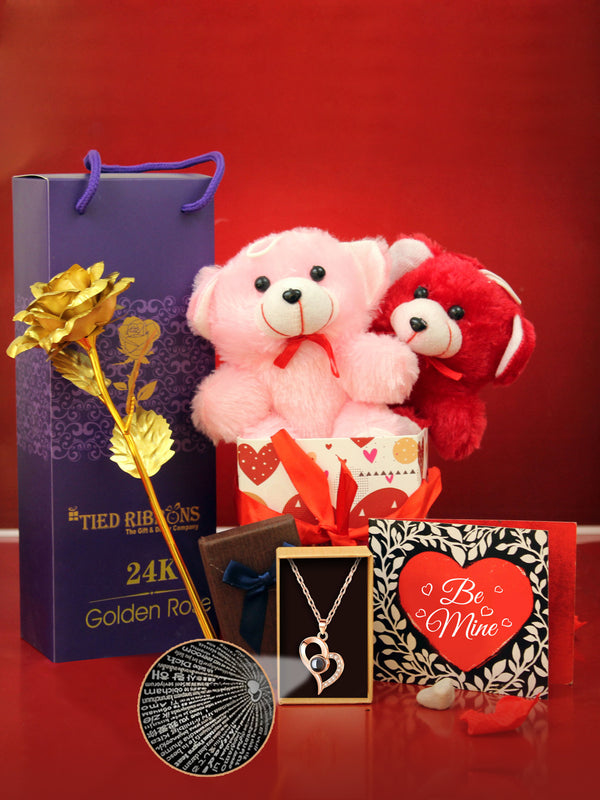 Romantic Gift Box Teddy Bear Card Pendant and Artificial Golden Rose Flower