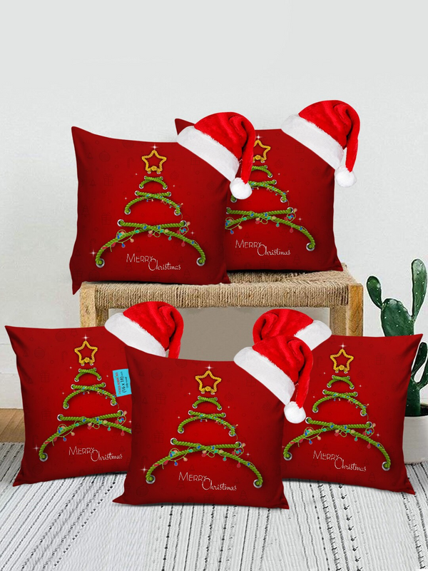 Red & Green Set of 5 Christmas Printed Cushion Covers With Santa Caps size (16"X16)