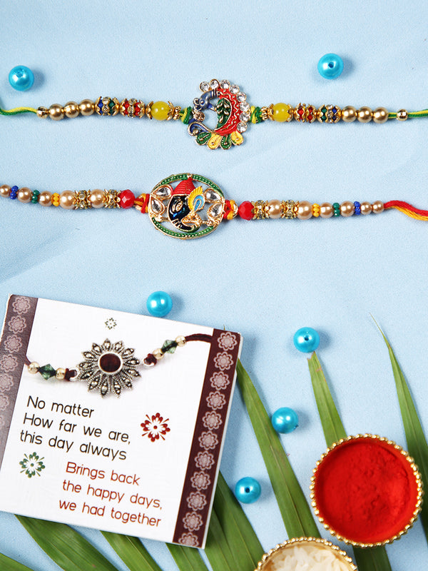 Set of 2 Designer ( Peacock & Ganesha ) Rakhi with Rakhi 1 Card and Tilak Packet