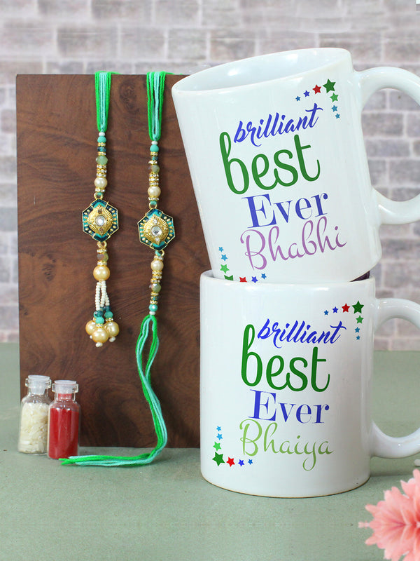 Rakhi for Brother and Bhabhi with  Printed Coffee Mugs (Set of 2, 325 ml) Wishes Card