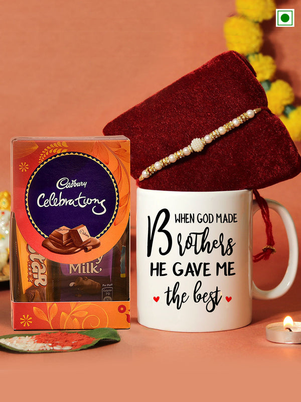 Beaded Rakhi with Chocolate & Mug with Card & Roli Chawal