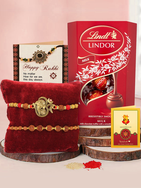 Divinity Antique Rudraksh Rakhi ( Set of 2) With Lindt Lindor Milk Chocolate Truffles Box