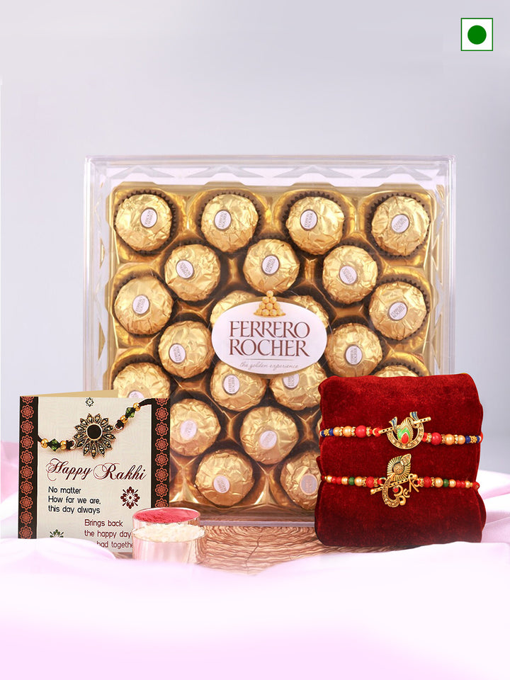 Pack of 2 Designer Rakhi | Ferrero Rocher Chocolate (24 pcs) | Rakhi Card & Roli Chawal