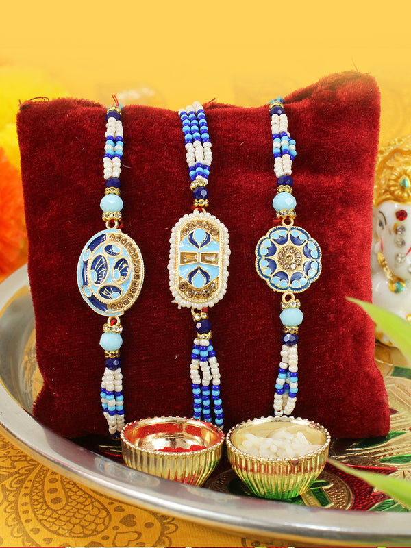 Set of 3 Designer Rakhi For Bhai with Rakhi Card and Roli Chawal