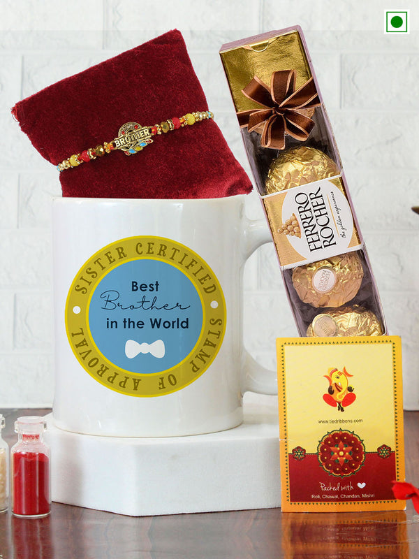 Beaded Rakhi with Chocolate & Mug with Card & Roli Chawal