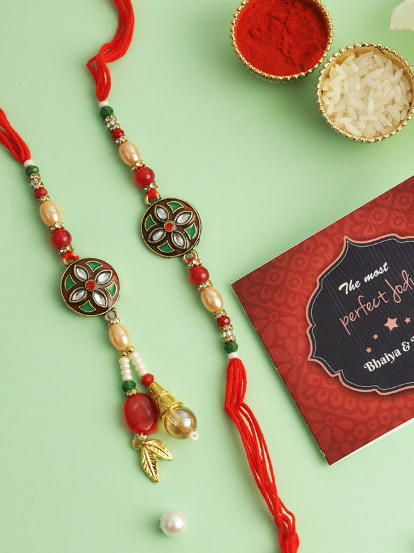 Rakhi for Brother and Lumba Rakhi for Bhabhi with Raksha Bandhan Card and Roli Chawal Tika