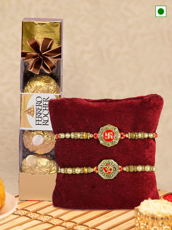 Pack of 2 Designer Rakhi | Ferrero Rocher Chocolate (4 Pcs) | Rakhi Card & Roli Chawal Tika