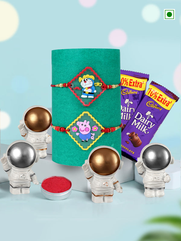 Cartoon Doraemon Peppa Pig Rakhi Set of 2 for Kids Boys Baby Brother with Chocolate Mini Astronauts Toys Statue Card and Tikka