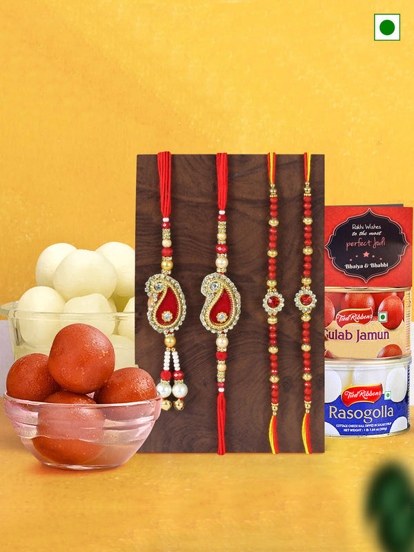 Family Designer Rakhi with Rasgulla and Gulab Jamun Gift Pack, Card, Roli Chawal 