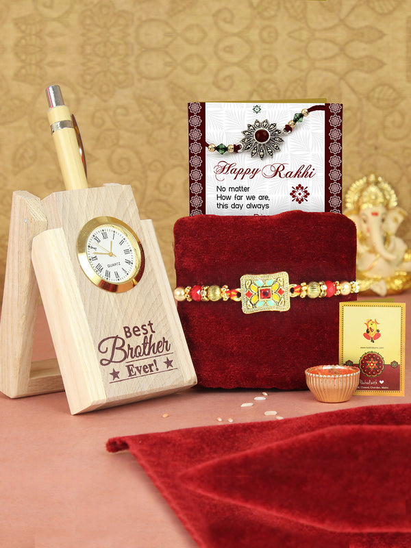 Rakshabandhan Designer Single Rakhi with Gift Set (Pen & Pen Stand)