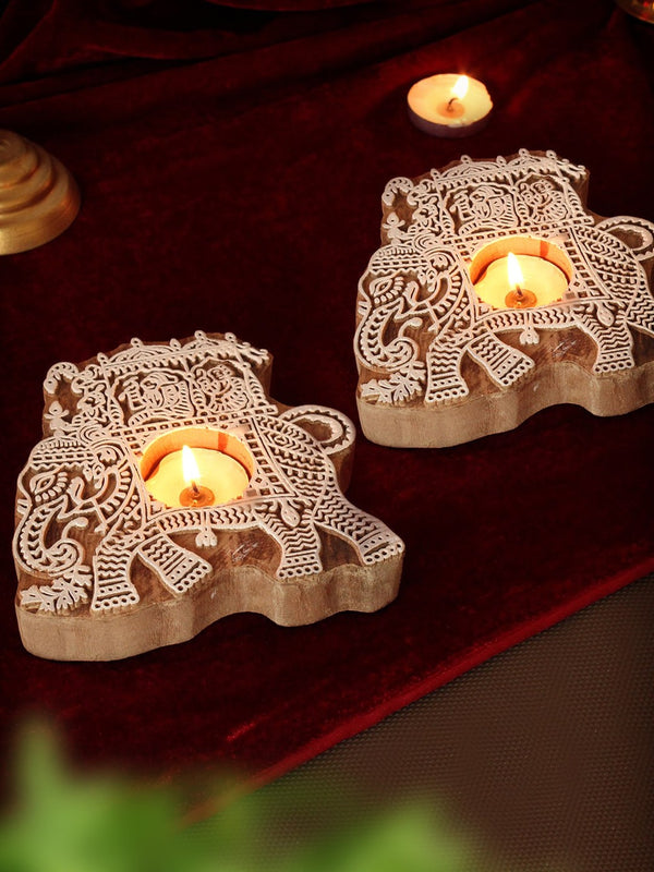 Brown & White 2 Pieces Wooden Elephant Shaped T-Light Candle Holders