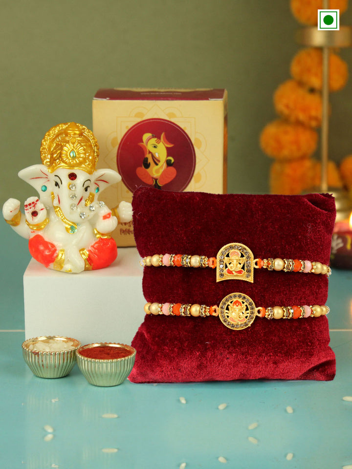 Set of 2 Premium Rakhi With Lord Ganesha | Wishes Card | Roli Chawal Tika