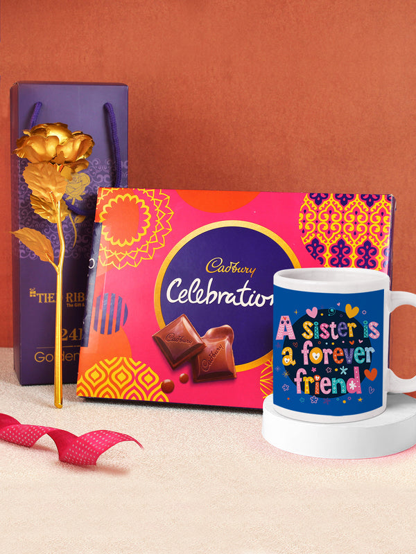 Rakhi Gift for Sister Hamper - Artificial 24k Gold Rose with Gift box Printed Coffee Mug and Chocolate Box