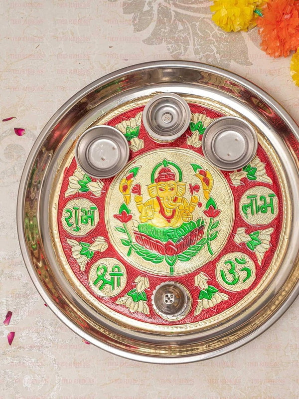 Red & Green Printed Pooja Thali With Attached Incense Diya Tilak Holder